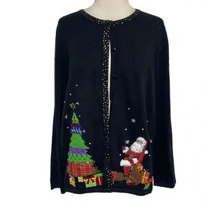 Mercer Street Studio‎ XL black & colorful embroidered Christmas cardigan sweater